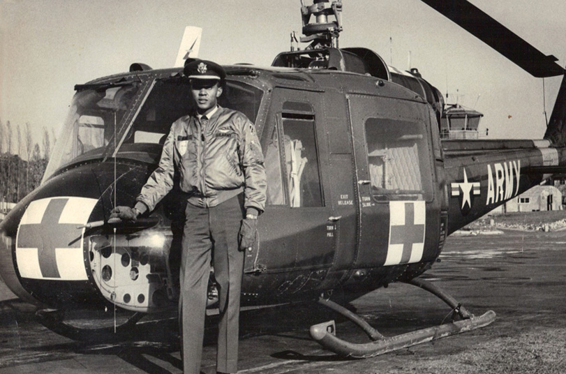 photo of pilot in front of a medical helicopter