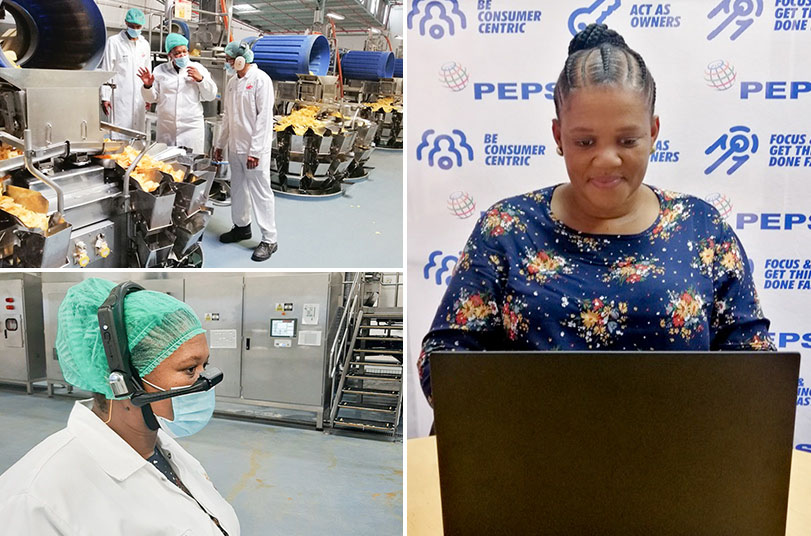 A collage of PepsiCo. employee Kekeletso Mofokeng. Photo 1 shows her analyzing chips with team members in a manufacturing plant. Photo 2 shows her wearing a smart headset to communicate. Photo 3 shows her working on a laptop in an office setting.