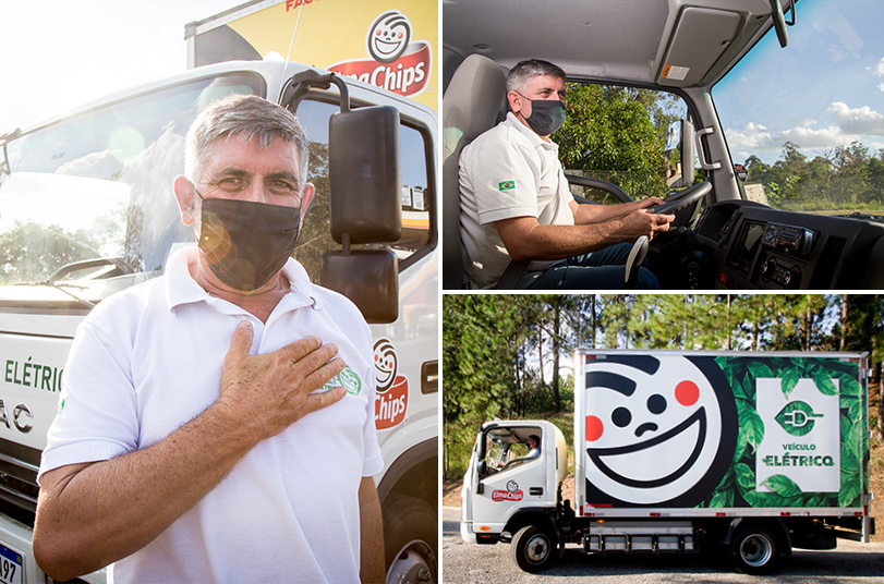 A collage of PepsiCo. driver Natal de Jesus Marrochelli Filho. Photo 1 shows Natal proudly stood in front of his electric truck with hand on his heart. Photo 2 is a close up of Natal driving the truck as trees pass in the background. Photo 3 is a shot of the side of the truck which reads "veículo eléctrico" surrounded by green leaves.
