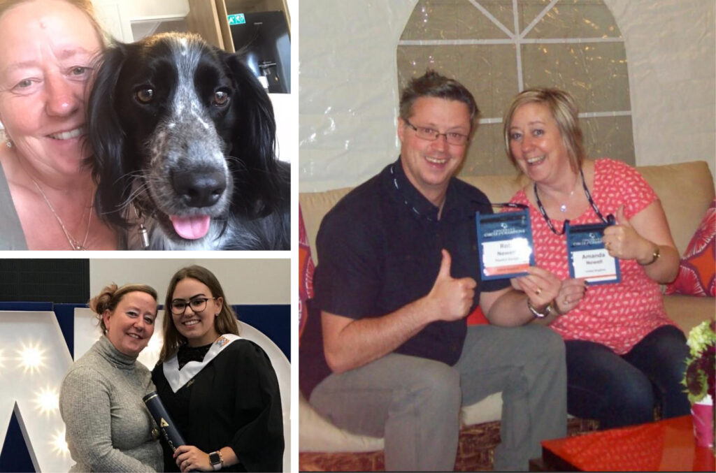 A collage of Amanda includes her and her dog, and her smiling with family. | Mental Health